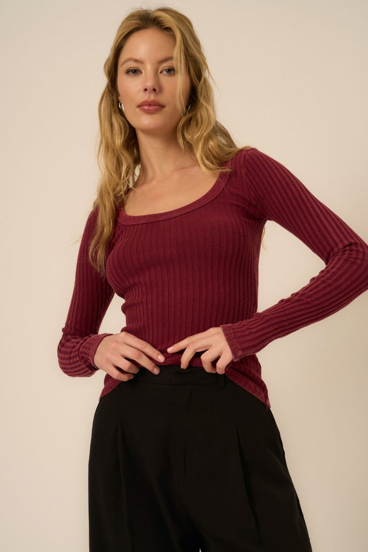 WHAT'S THE SCOOP WASHED RIB LONGSLEEVE-MW SANGRIA - Kingfisher Road - Online Boutique