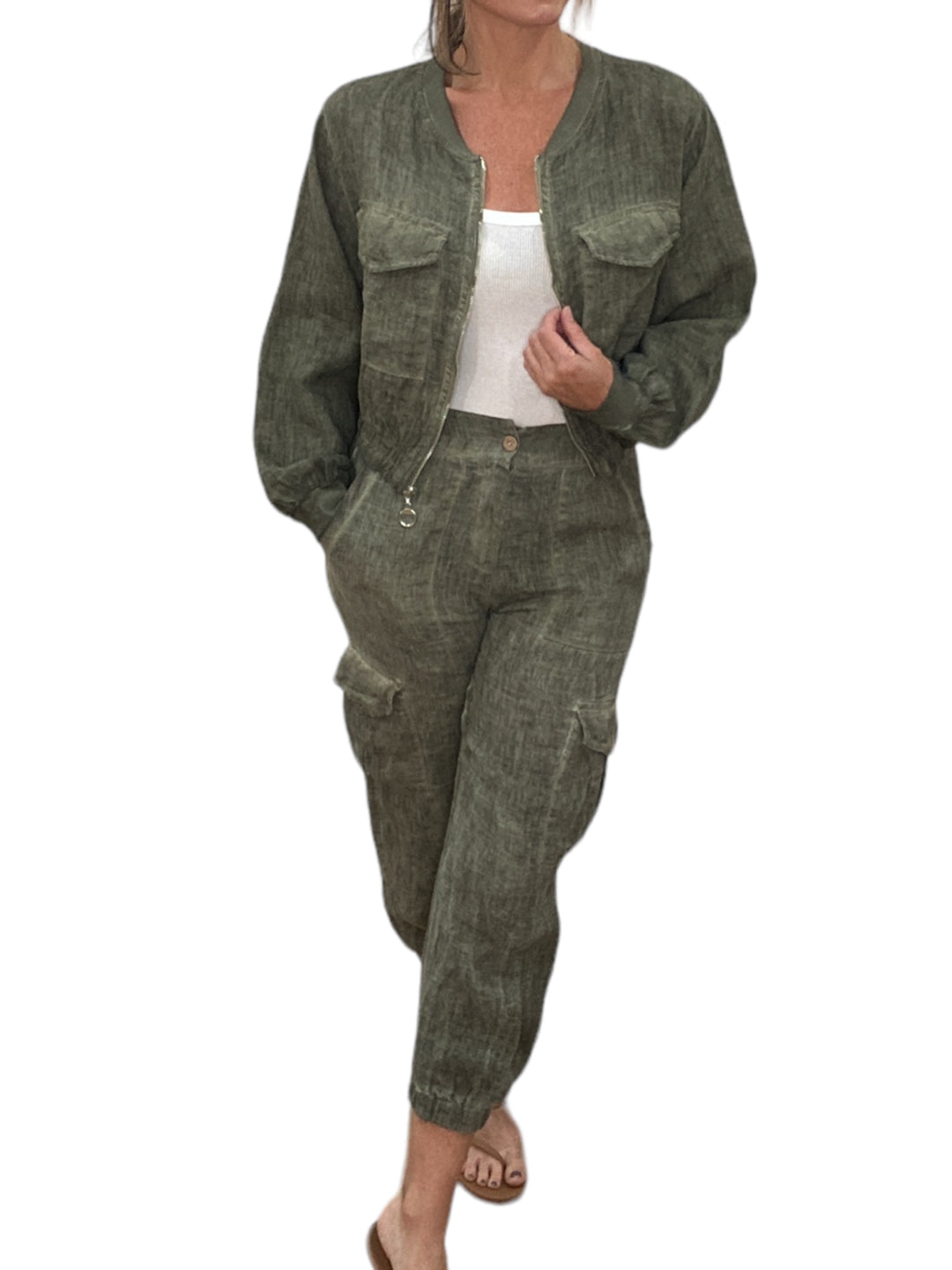 COLLARLESS LINEN CROPPED JACKET-ANTIQUE ARMY GREEN - Kingfisher Road - Online Boutique