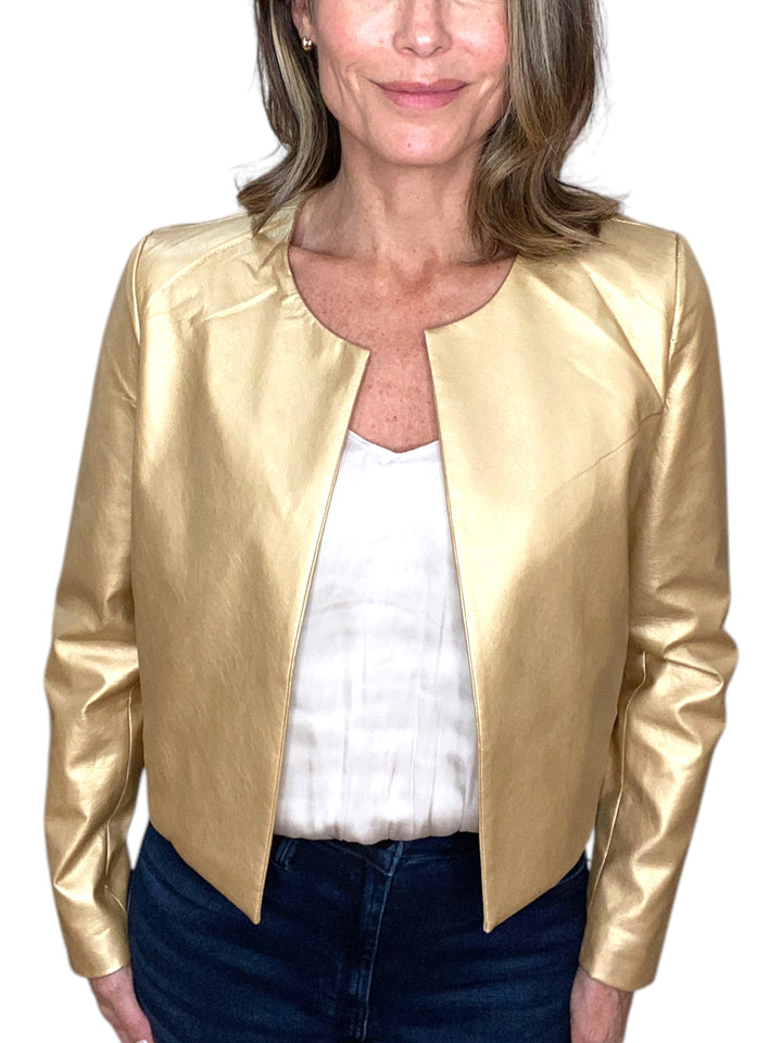 METALLIC COLLARLESS JACKET-GOLD