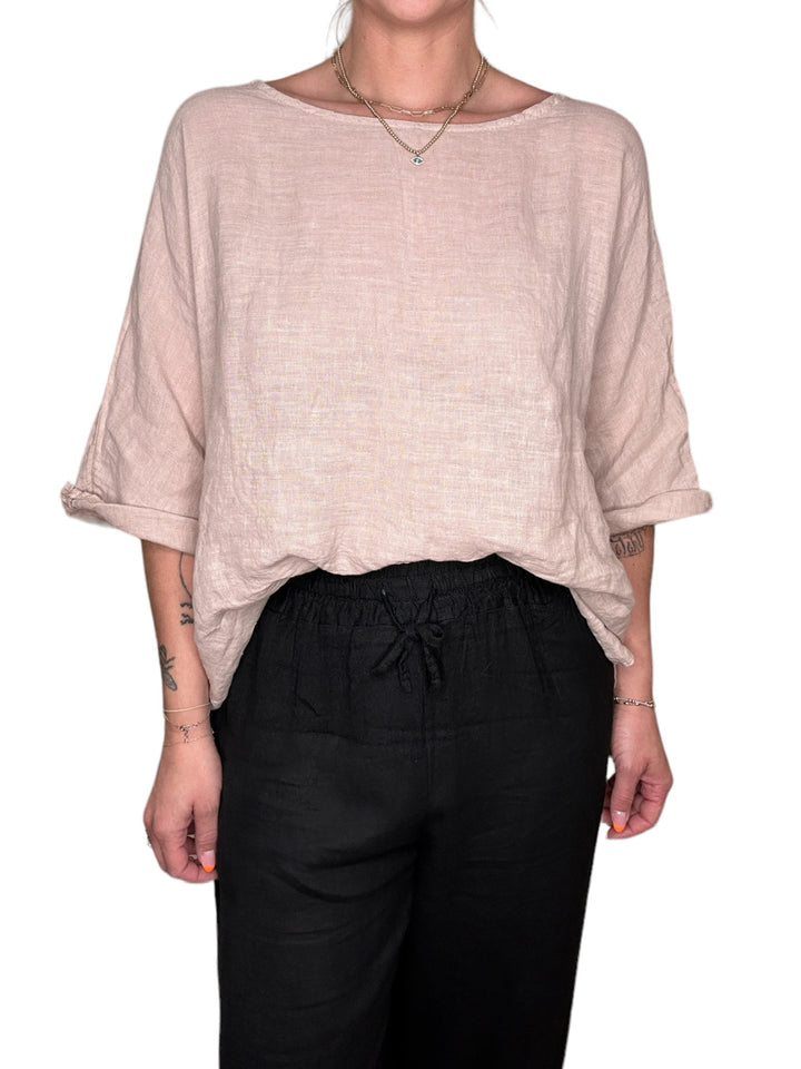 LINEN 3/4 SLEEVE SIDE VENT TUNIC-BEIGE - Kingfisher Road - Online Boutique