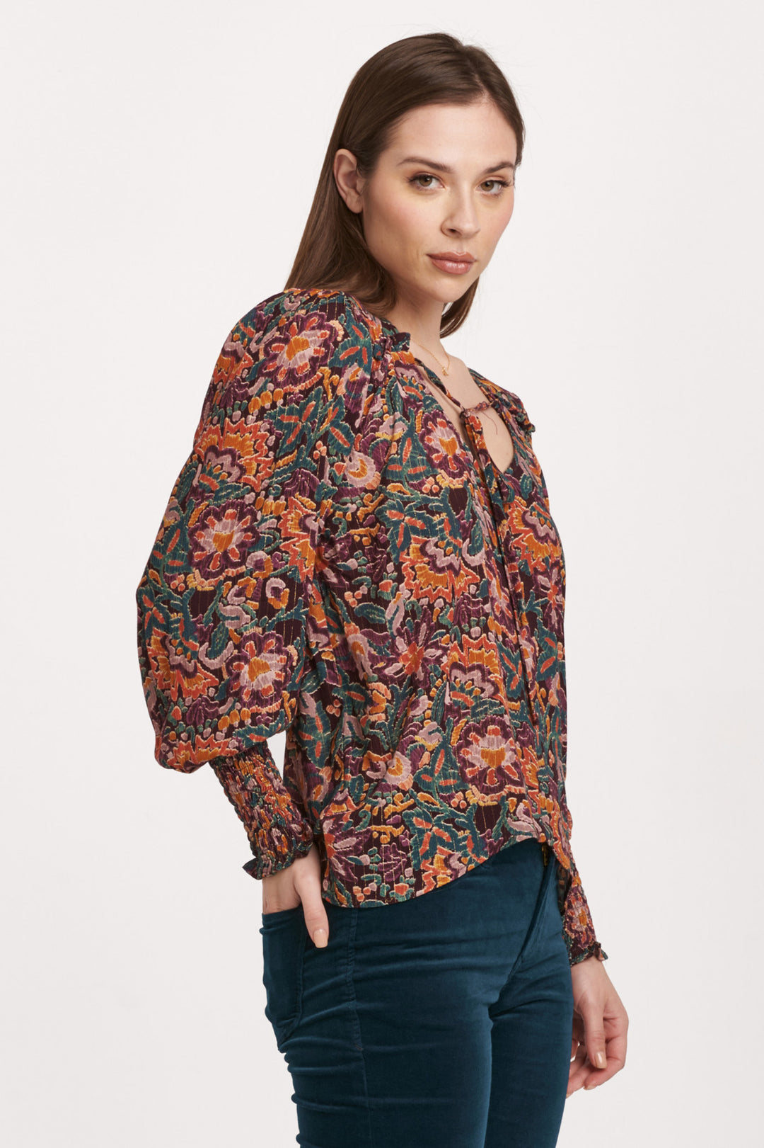 AMELIA V NECK LONG SLEEVE TOP-FLOWER VINE - Kingfisher Road - Online Boutique