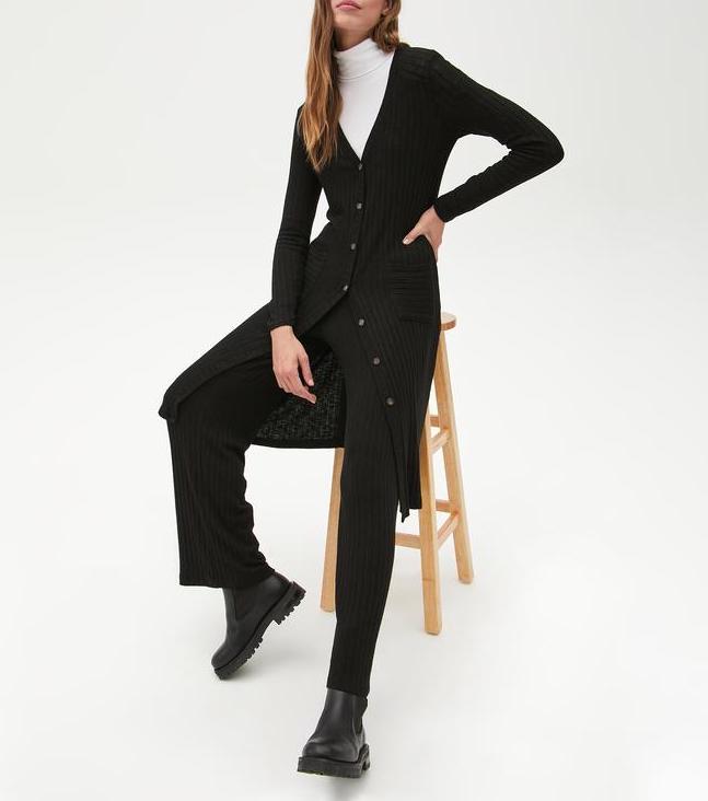 BLACK ELLA RIBBED V-NECK LONG CARDIGAN - Kingfisher Road - Online Boutique