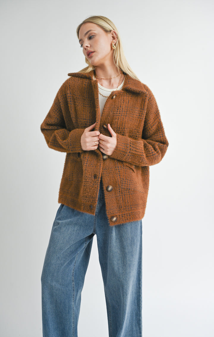 LOLA PLAID SWEATER JACKET-BROWN BLACK