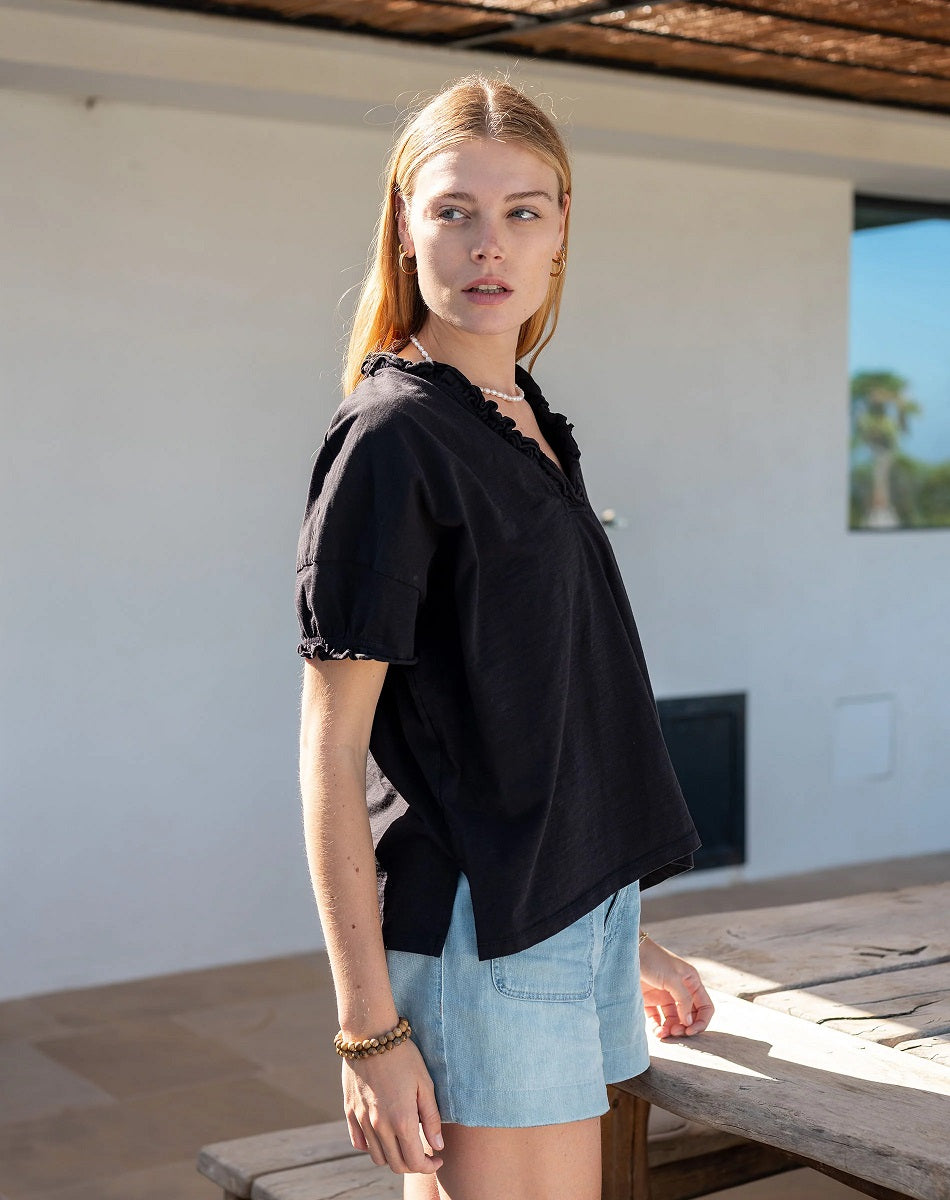 AMELIA RUFFLE TEE-BLACK - Kingfisher Road - Online Boutique