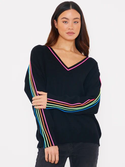 SPORTY STRIPE V-NECK SWEATER-COAL