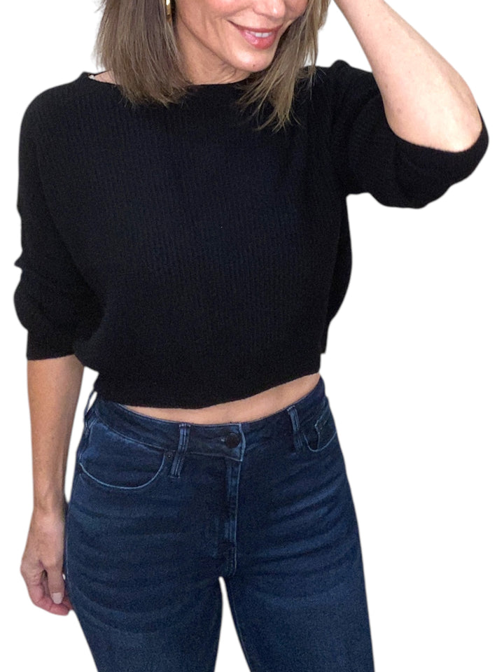 KNIT CREW NECK LONG SLEEVE CROP SWEATER-BLACK