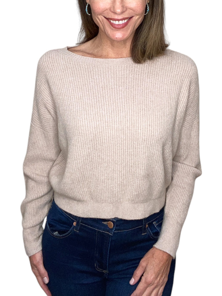 KNIT CREW NECK LONG SLEEVE CROP SWEATER-EARTH BEIGE