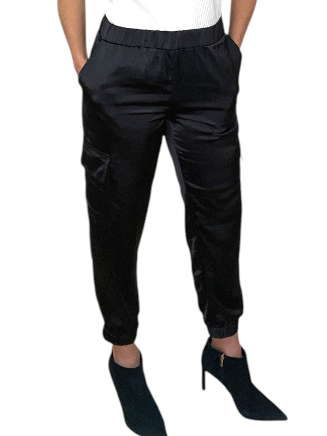 SATIN CARGO PANTS-BLACK