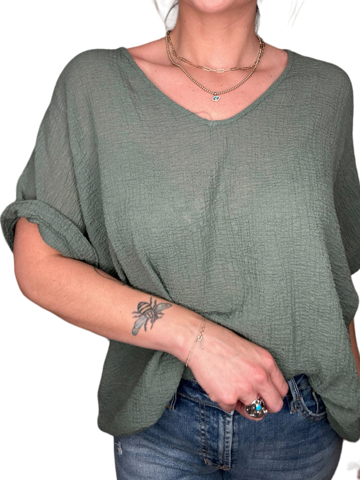 COTTON GAUZE V-NECK TEE-SAGE - Kingfisher Road - Online Boutique