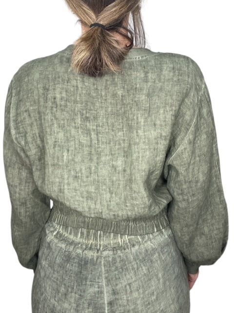 COLLARLESS LINEN CROPPED JACKET-ANTIQUE ARMY GREEN - Kingfisher Road - Online Boutique