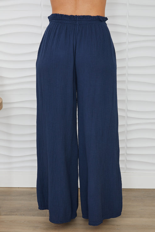 COTTON GAUZE DRAWSTRING PANTS-NAVY BLUE - Kingfisher Road - Online Boutique