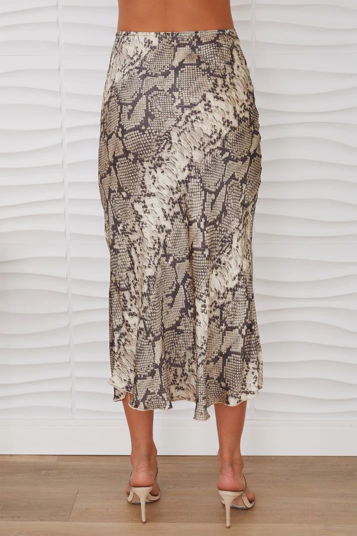 PYTHON PRINT SILKY MIDI SKIRT-BEIGE