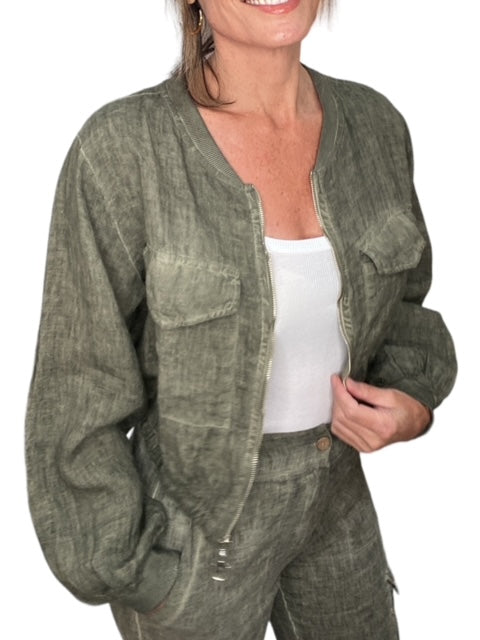 COLLARLESS LINEN CROPPED JACKET-ANTIQUE ARMY GREEN - Kingfisher Road - Online Boutique