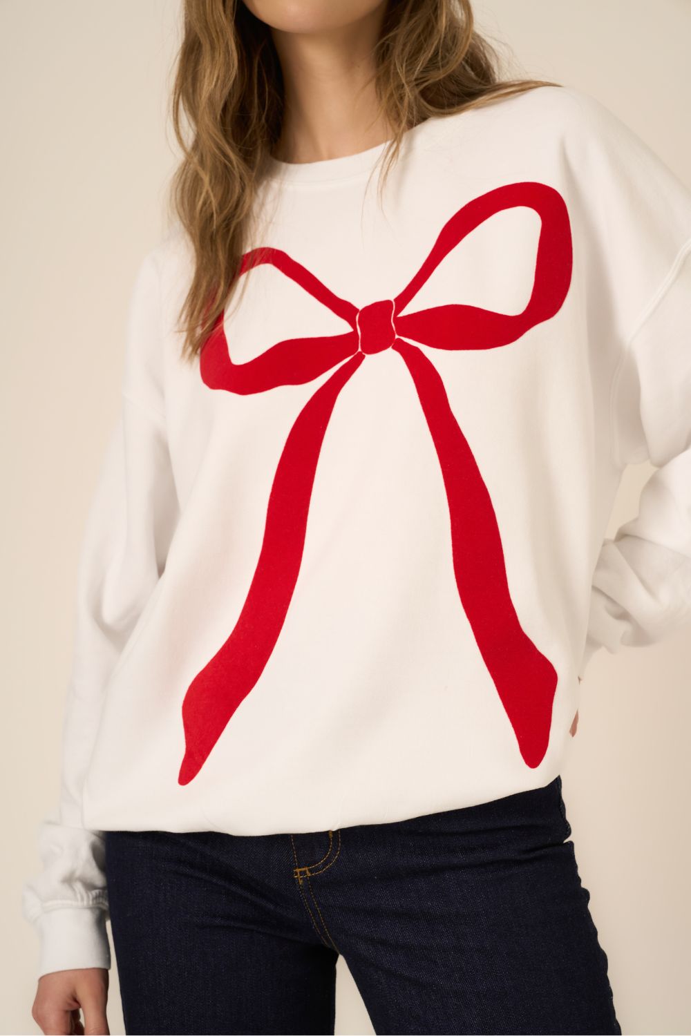 FLOCKED BOW SWEATSHIRT-WHITE