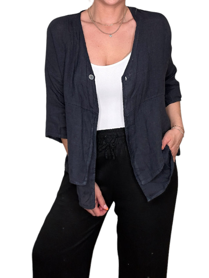 LINEN 3/4 SLEEVE TIERED FRONT JACKET-NAVY - Kingfisher Road - Online Boutique