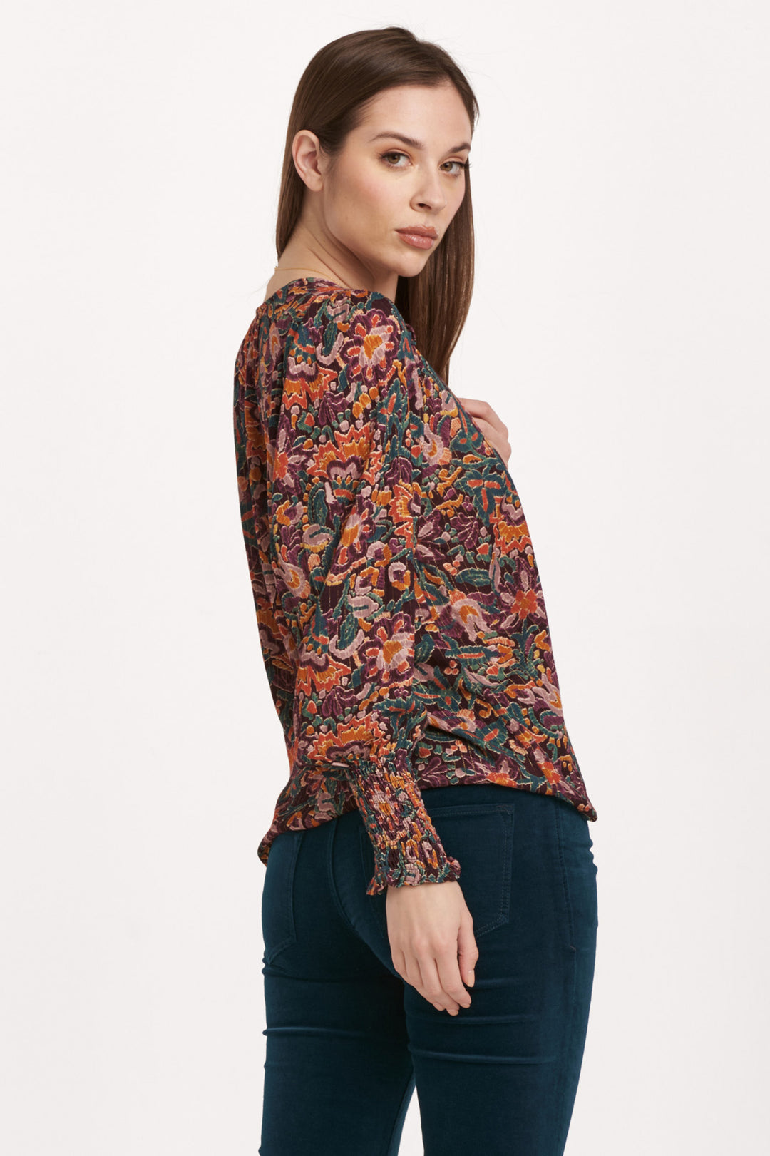 AMELIA V NECK LONG SLEEVE TOP-FLOWER VINE - Kingfisher Road - Online Boutique