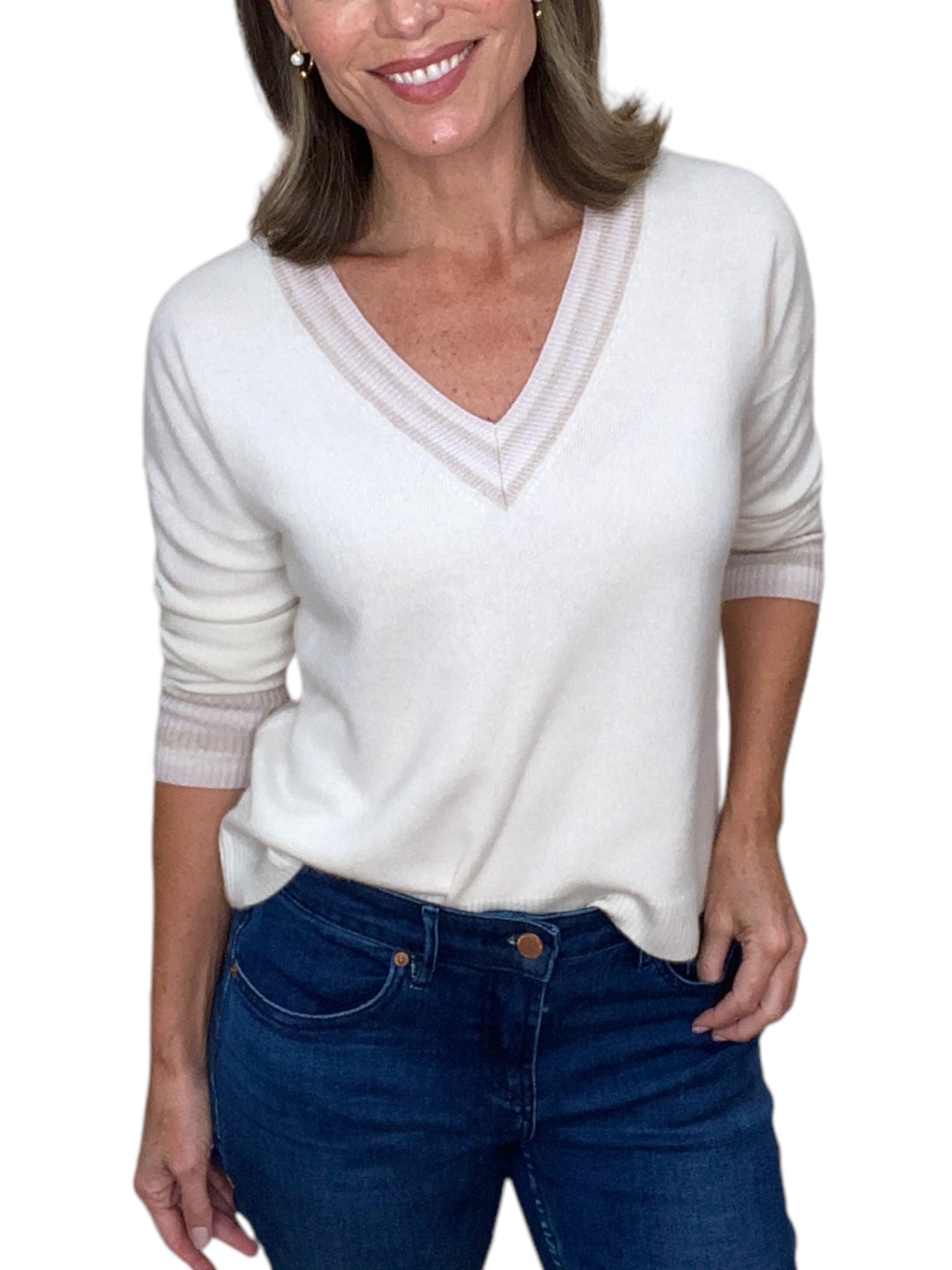 CASHMERE V-NECK SWEATER-CREAM STRIPES