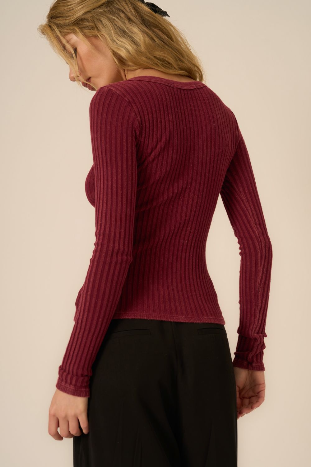 WHAT'S THE SCOOP WASHED RIB LONGSLEEVE-MW SANGRIA - Kingfisher Road - Online Boutique