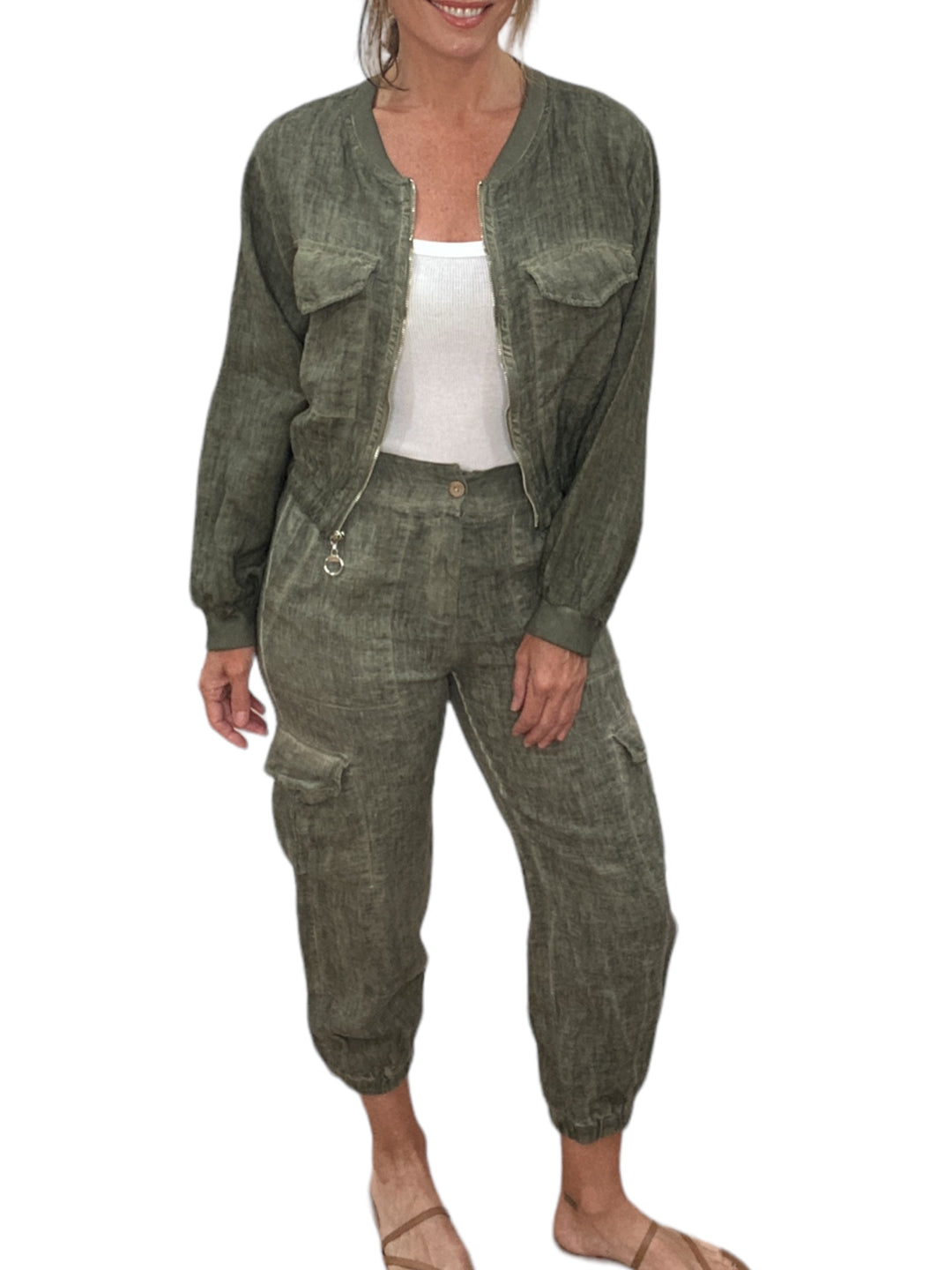 ANTIQUE WASH LINEN CARGO PANTS-ARMY GREEN - Kingfisher Road - Online Boutique