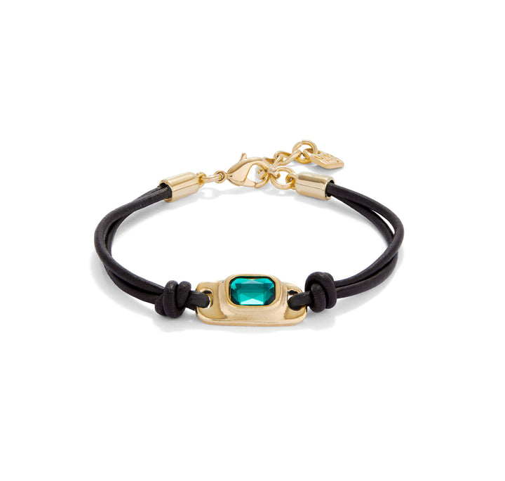 LEATHER BRACELET WITH GREEN CRYSTAL-GOLD