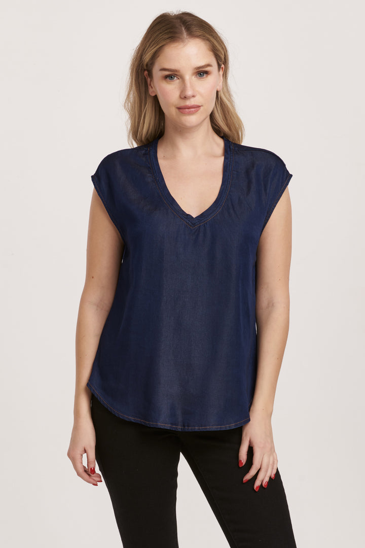 YANIS V-NECK SLEEVELESS TOP-DARK DENIM - Kingfisher Road - Online Boutique