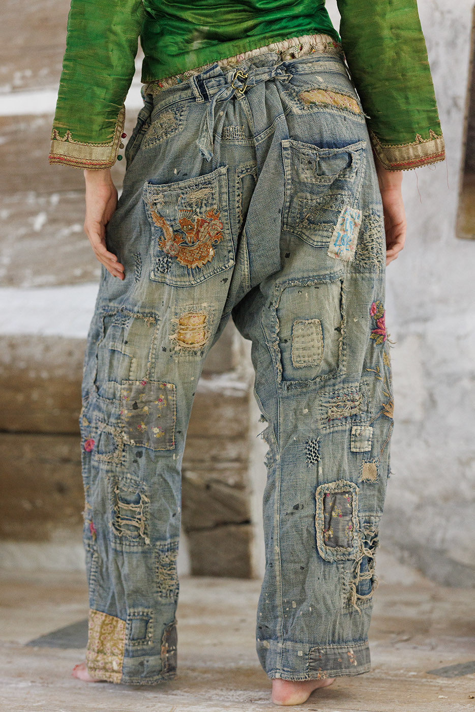 DRAGON EMBROIDERED PROVISION DENIMS-WASHED INDIGO - Kingfisher Road - Online Boutique