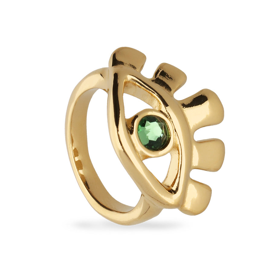 EYE SHAPED RING WITH FACETED GREEN CRYSTAL-GOLD - Kingfisher Road - Online Boutique