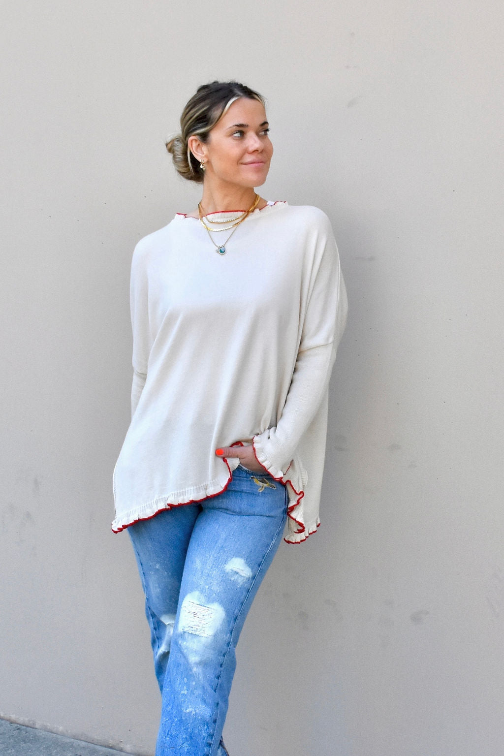 CATALINA COTTON RUFFLEY SWEATER-WARM CREAM/RIBBON - Kingfisher Road - Online Boutique