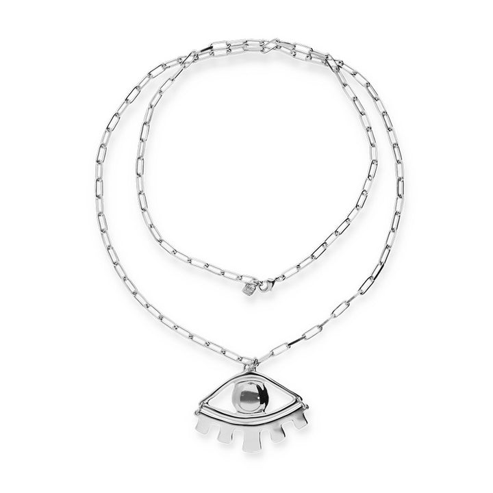 LONG PENDANT CHAIN NECKLACE WITH CENTRAL EYE-SILVER - Kingfisher Road - Online Boutique