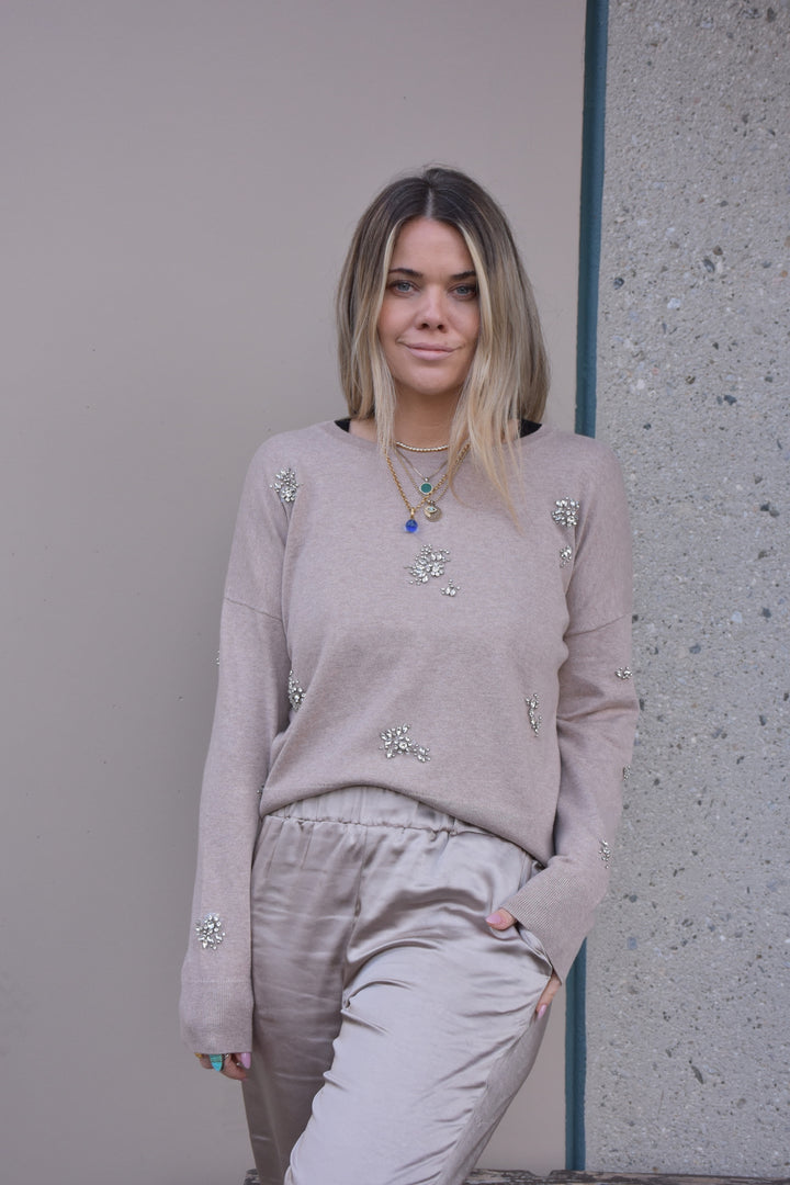 BROOCH CREW NECK SWEATER-CAPPUCCINO