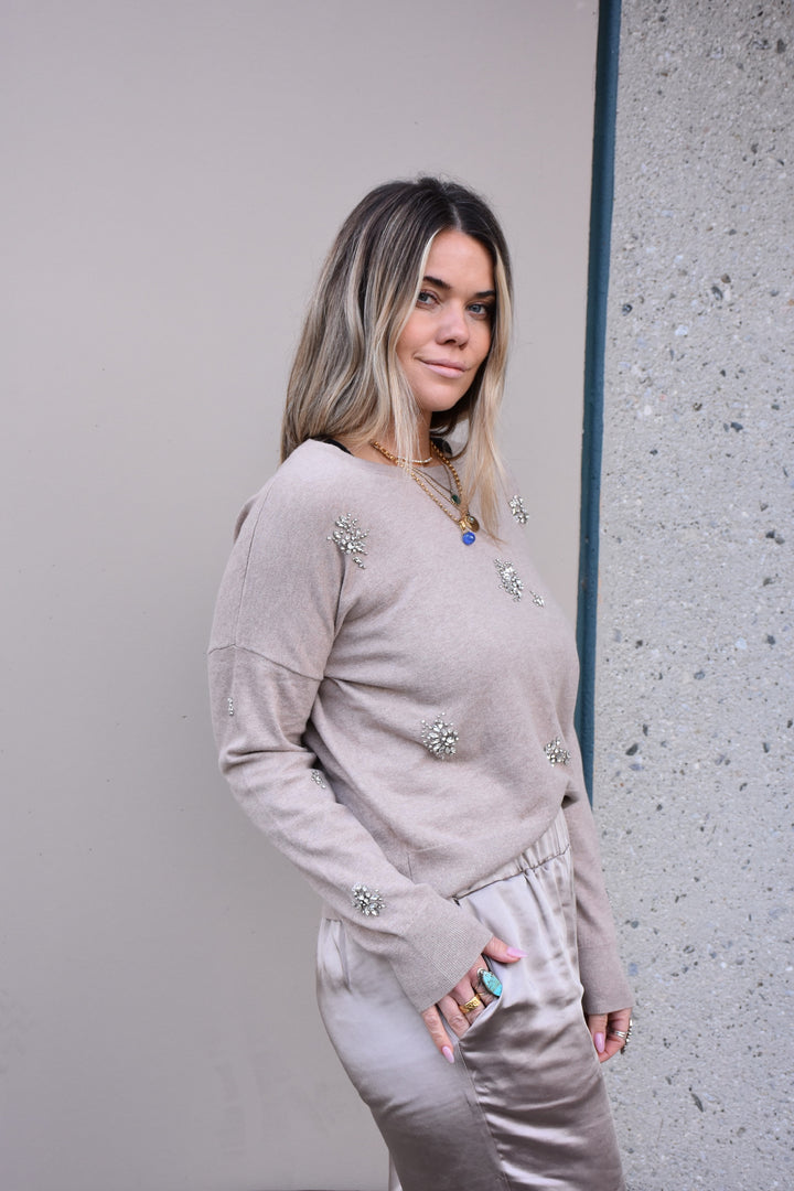 BROOCH CREW NECK SWEATER-CAPPUCCINO