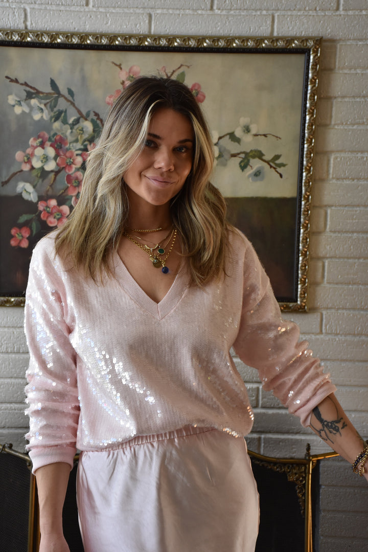SEQUIN V-NECK SWEATER-BLUSH