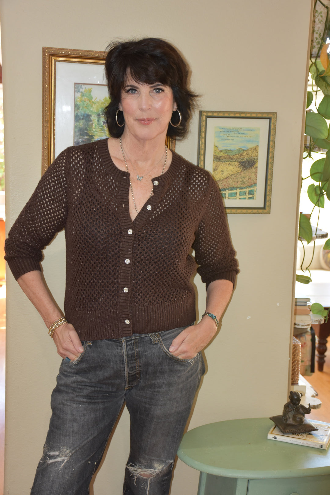 OPEN STITCH CARDI-CHOCOLATE