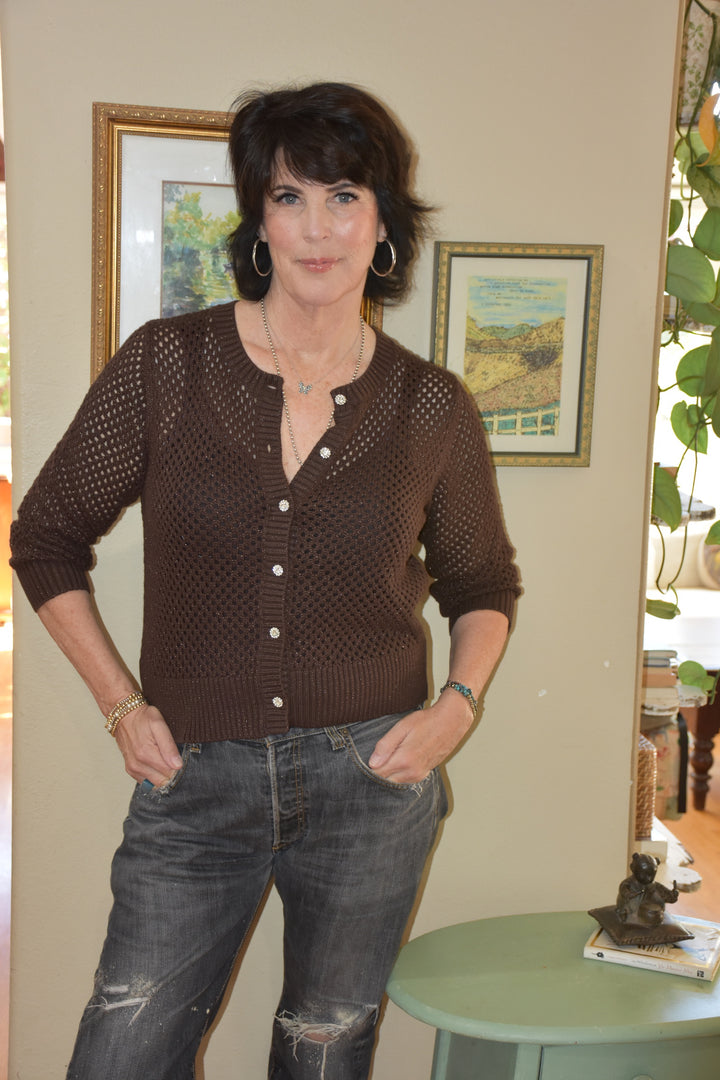 OPEN STITCH CARDI-CHOCOLATE