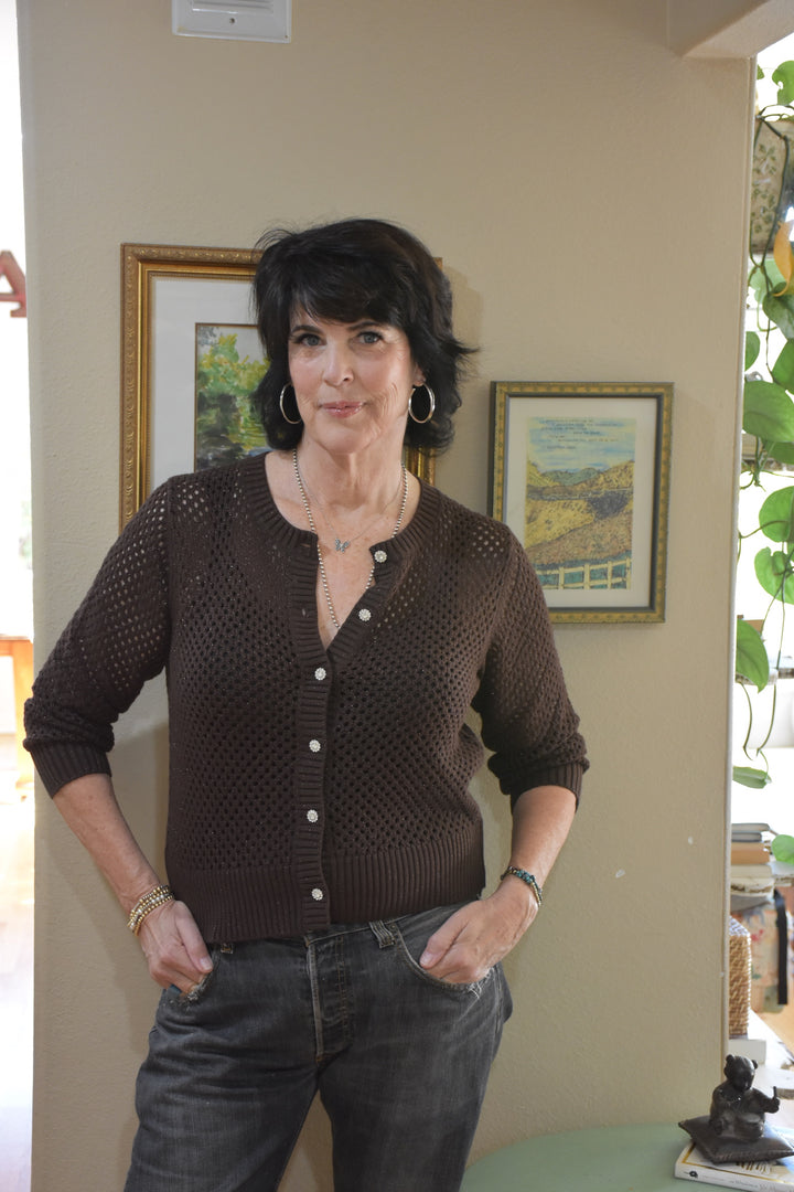 OPEN STITCH CARDI-CHOCOLATE