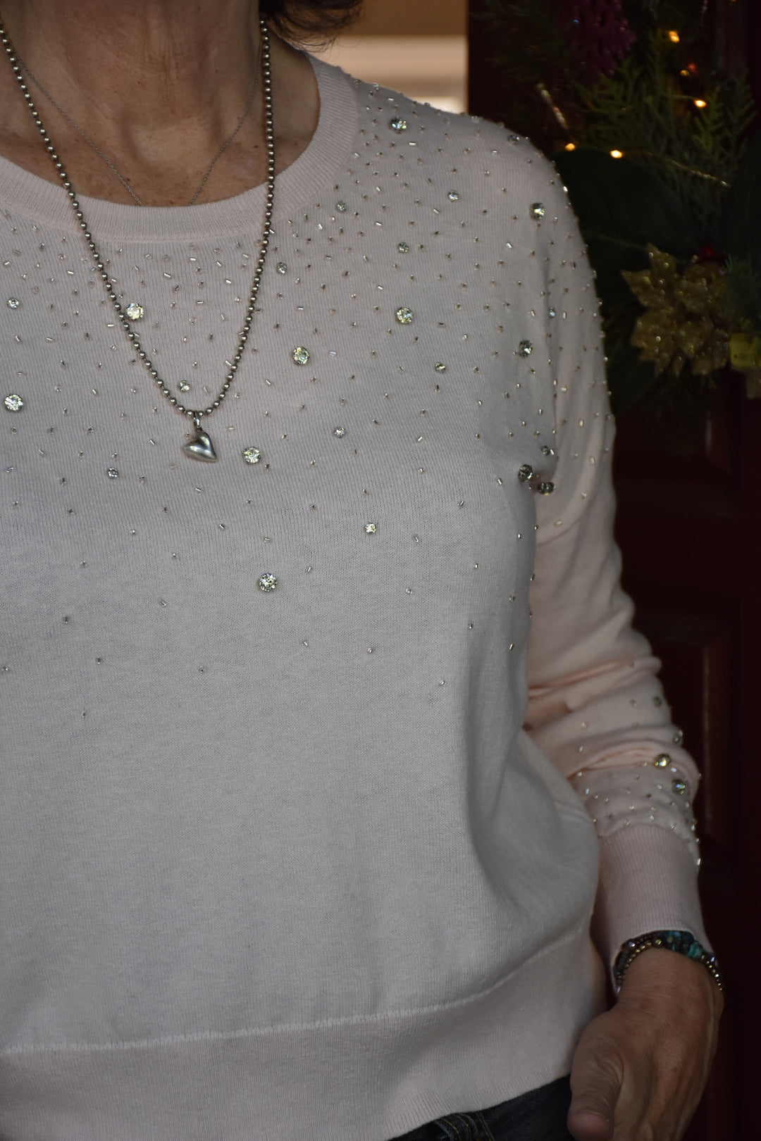 EMBELLISHED CREW NECK SWEATER-BLUSH