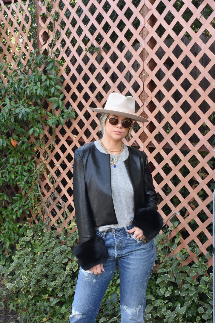 LEATHER JACKET W/ FUR CUFFS-BLACK