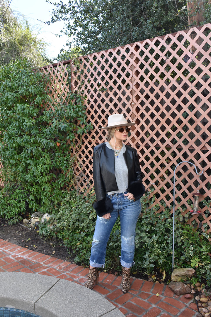 LEATHER JACKET W/ FUR CUFFS-BLACK