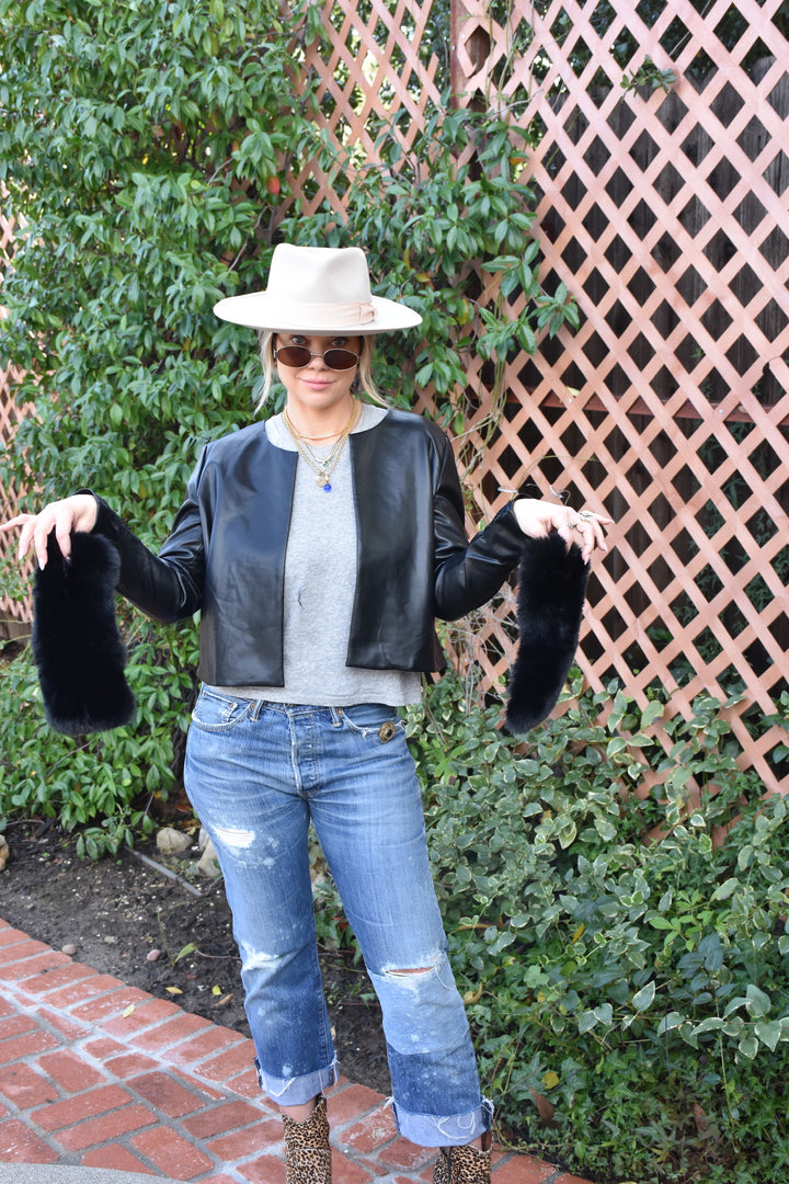 LEATHER JACKET W/ FUR CUFFS-BLACK