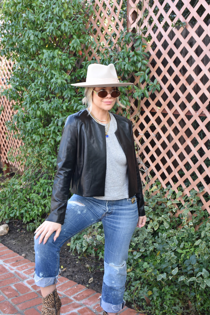 LEATHER JACKET W/ FUR CUFFS-BLACK