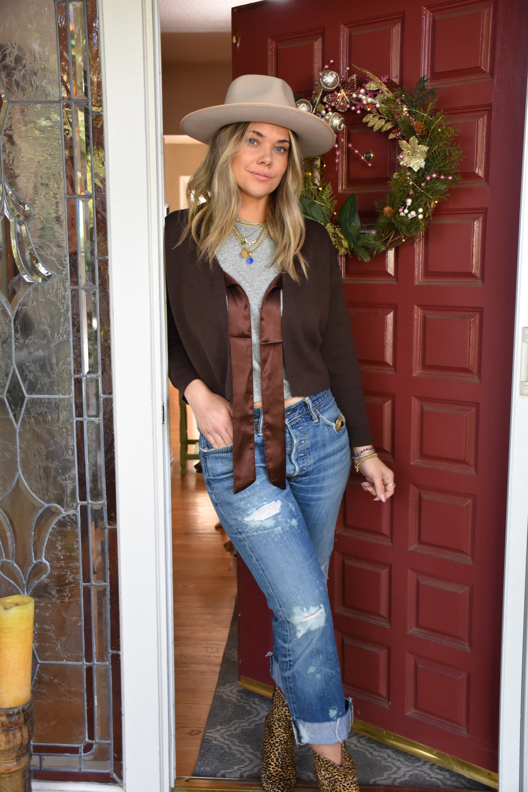 SATIN TIE FRONT CARDI-CHOCOLATE