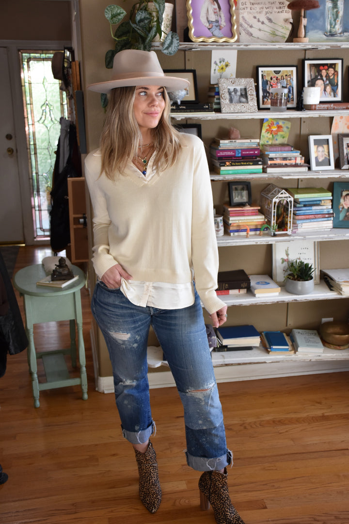 SATIN TWO-FER PULLOVER-BUTTERCREAM