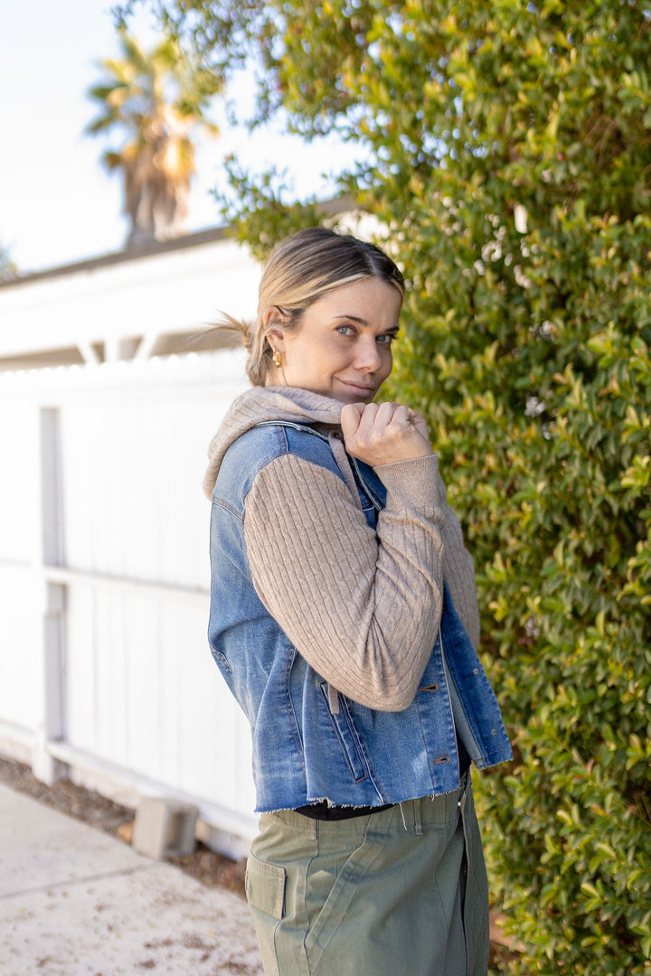 DENIM JACKET W/ CASHMERE SLEEVES-DENIM - Kingfisher Road - Online Boutique