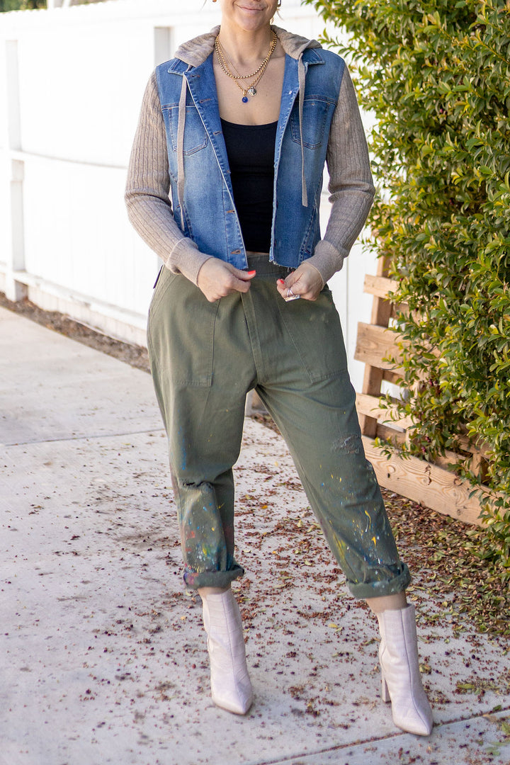 DENIM JACKET W/ CASHMERE SLEEVES-DENIM - Kingfisher Road - Online Boutique