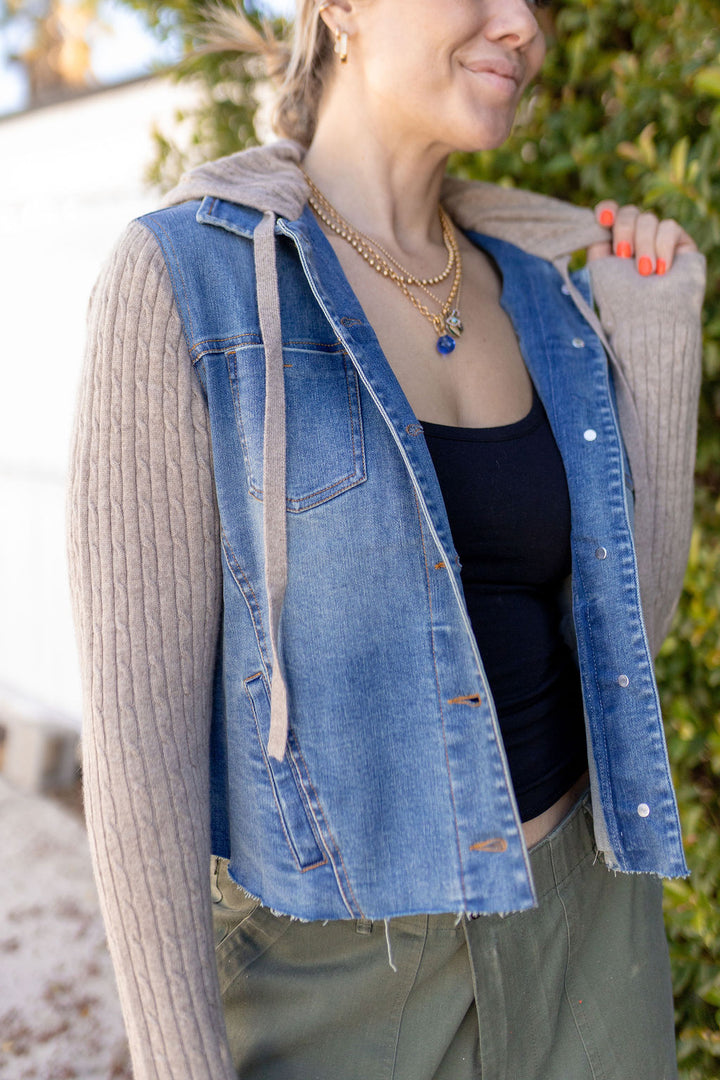 DENIM JACKET W/ CASHMERE SLEEVES-DENIM - Kingfisher Road - Online Boutique