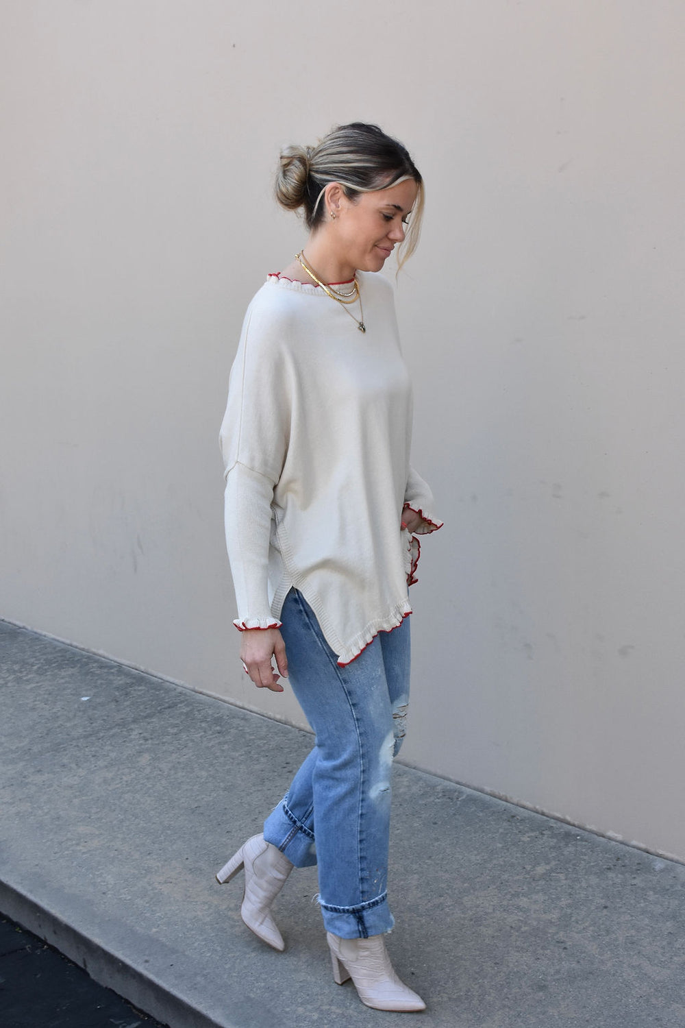 CATALINA COTTON RUFFLEY SWEATER-WARM CREAM/RIBBON - Kingfisher Road - Online Boutique