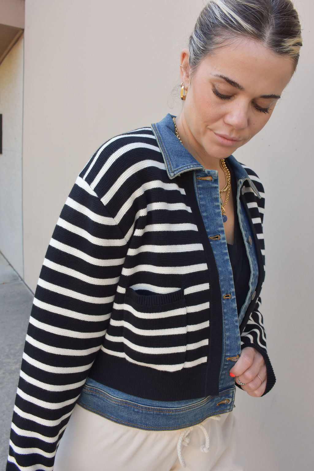 SWEATER/DENIM JACKET-BLACK/IVORY - Kingfisher Road - Online Boutique