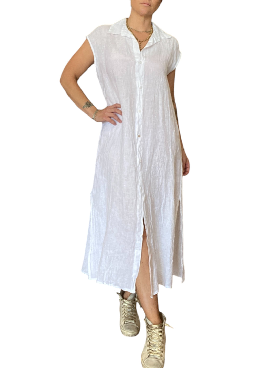 LONG CRINKLE SLEEVELESS SHIRT DRESS-WHITE