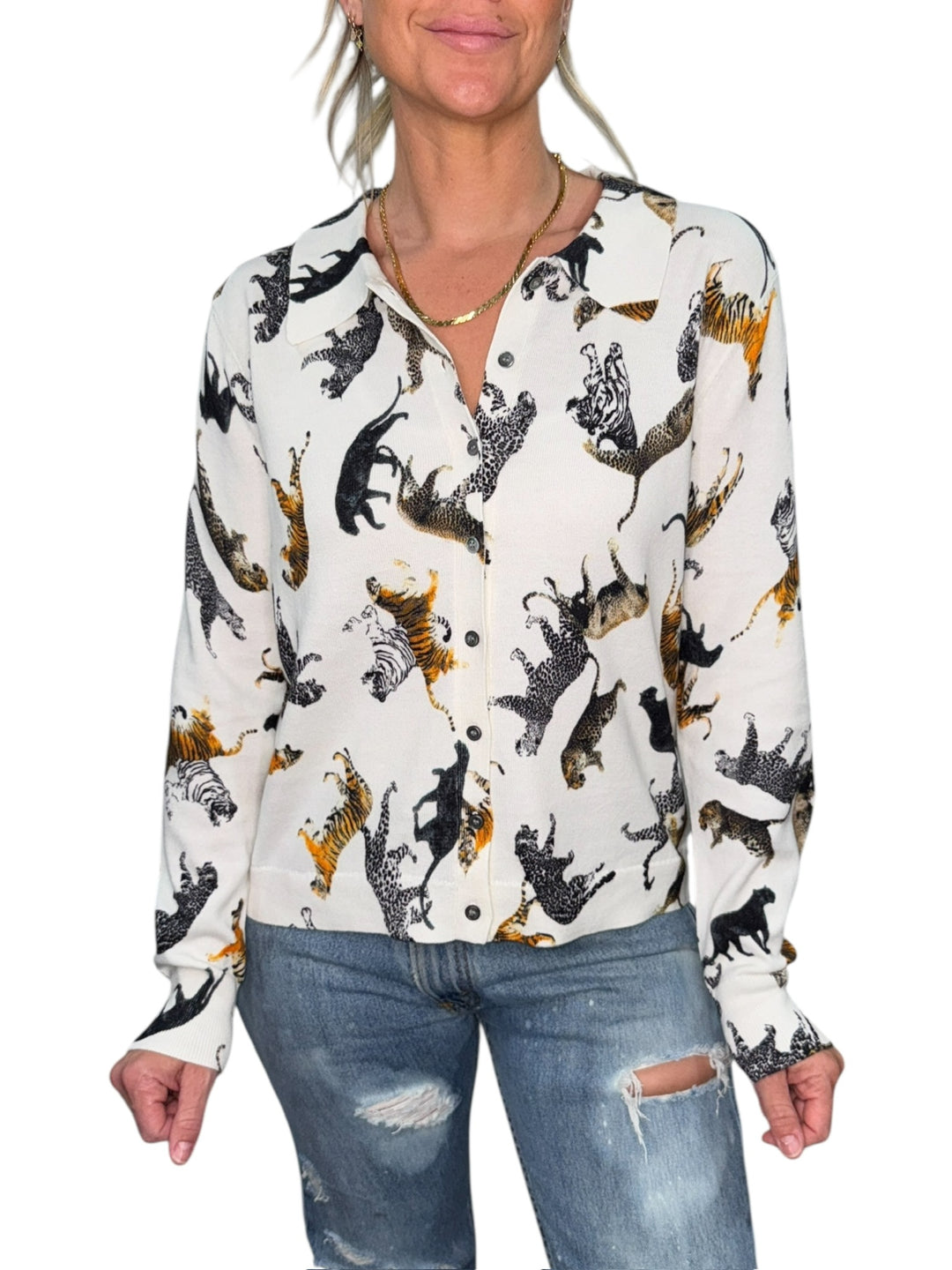TIGER BUTTON FRONT CARDI-MILK - Kingfisher Road - Online Boutique