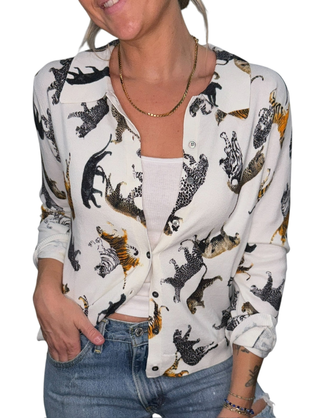 TIGER BUTTON FRONT CARDI-MILK - Kingfisher Road - Online Boutique